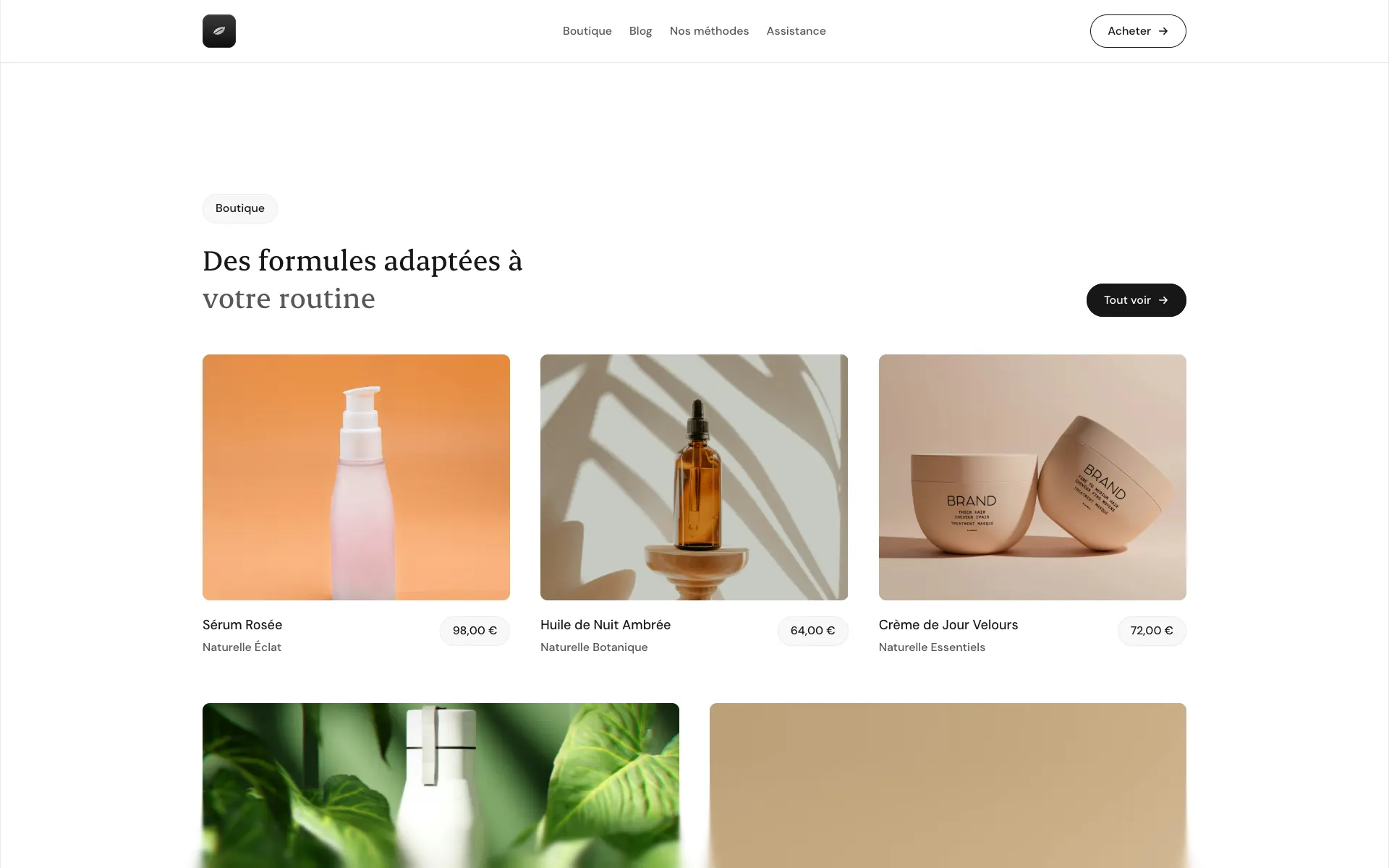 La boutique de la démo Naturelle : sérum, huile et crème avec leurs prix