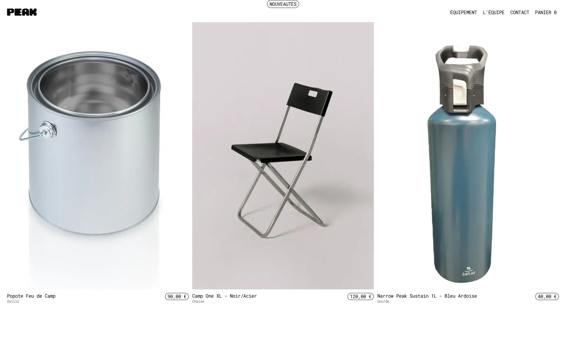 Le catalogue de la démo Peak : popote, chaise et gourde