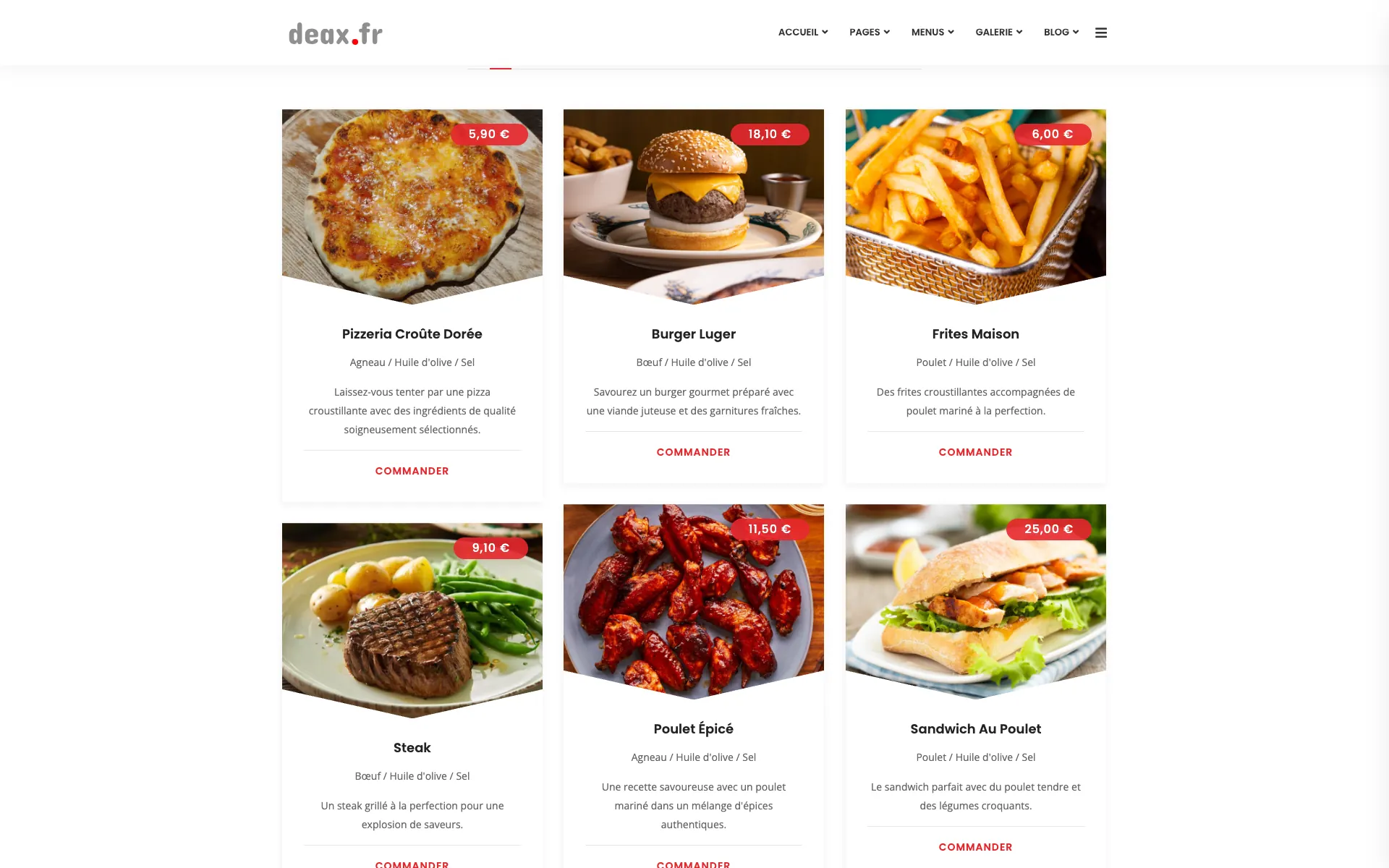 La carte de la démo Restaurant & Bistro