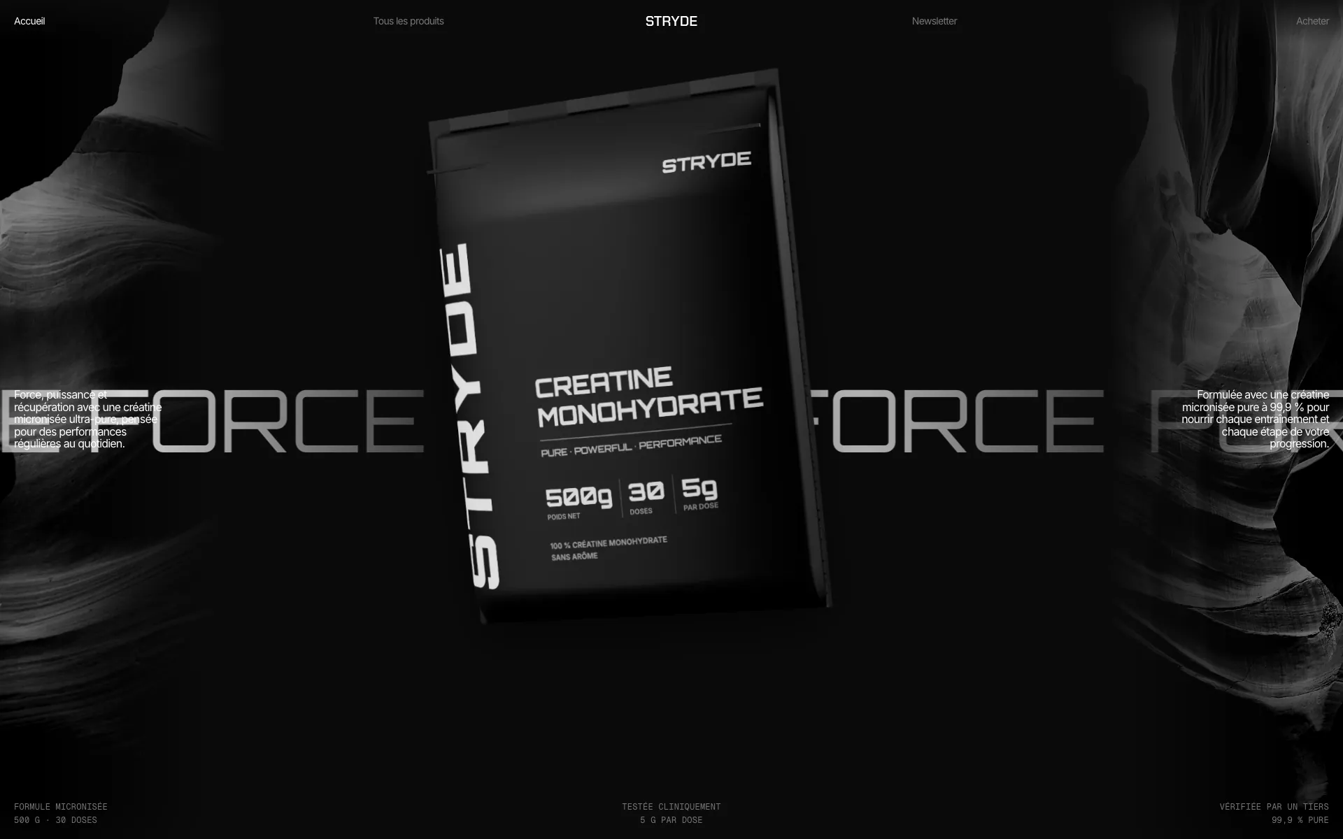 Page d’accueil de la démo STRYDE : sachet de créatine entre deux murs de roche