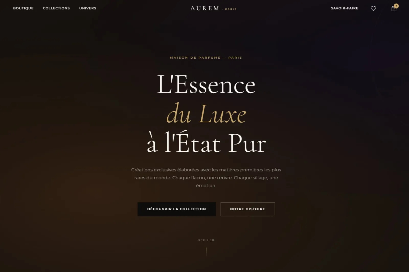 Page d’accueil de la démo Aurem Paris : univers parfumerie noir et or