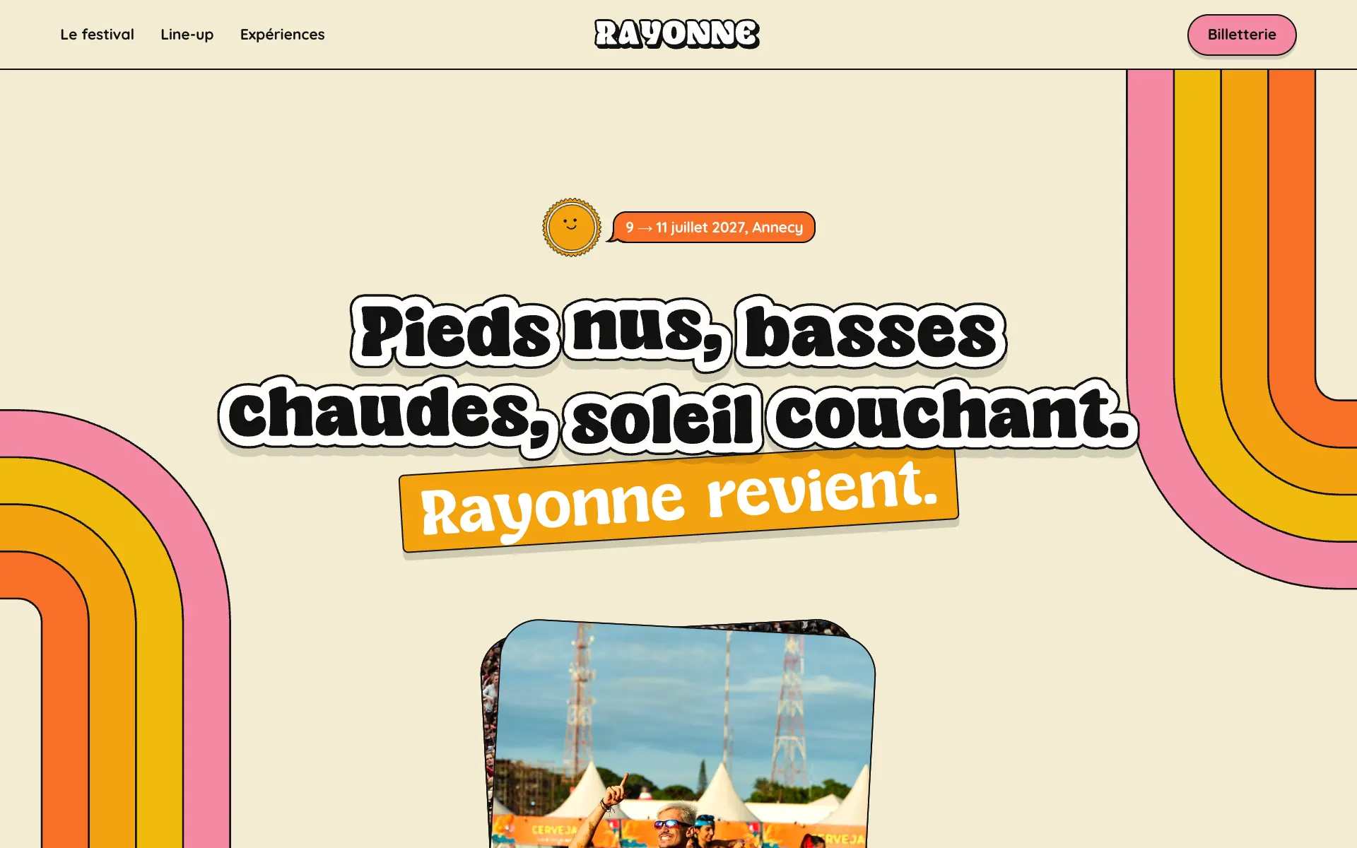 Page d’accueil de la démo Rayonne, festival au bord du lac