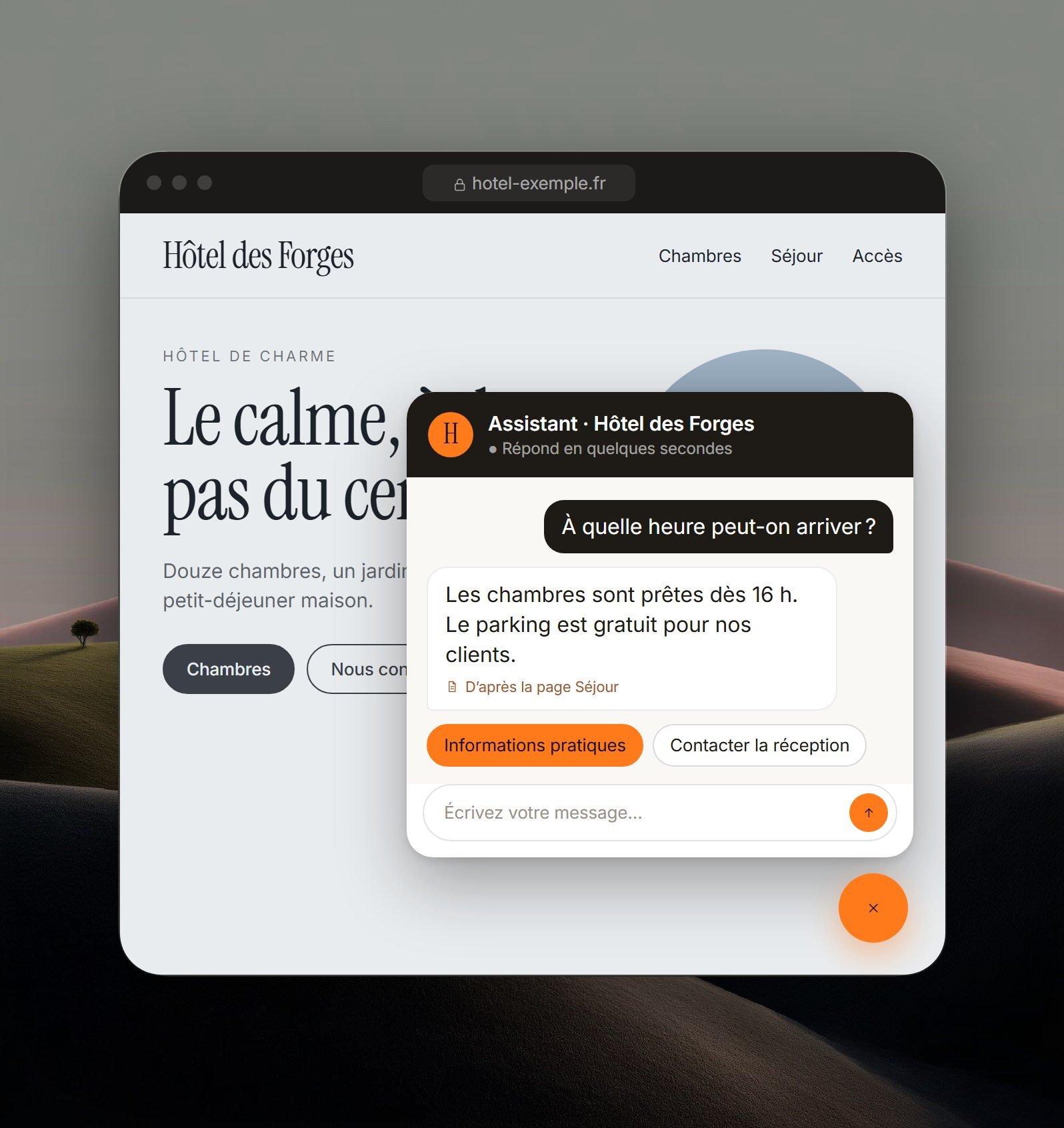 Démonstration : sur le site d’un hôtel, l’assistant intégré indique l’heure d’arrivée et propose les informations pratiques ou de contacter la réception.